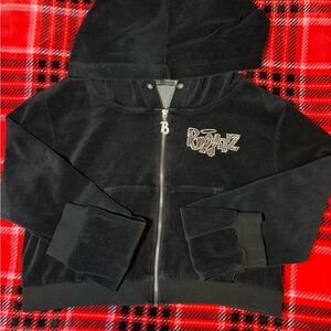 Dolls Kill Black Velour Zip-Up Hoodie with Rhinestone Logo - Black